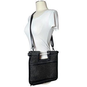 Beis Naturals Rafia black woven convertible crossbody clutch bag with clear acry